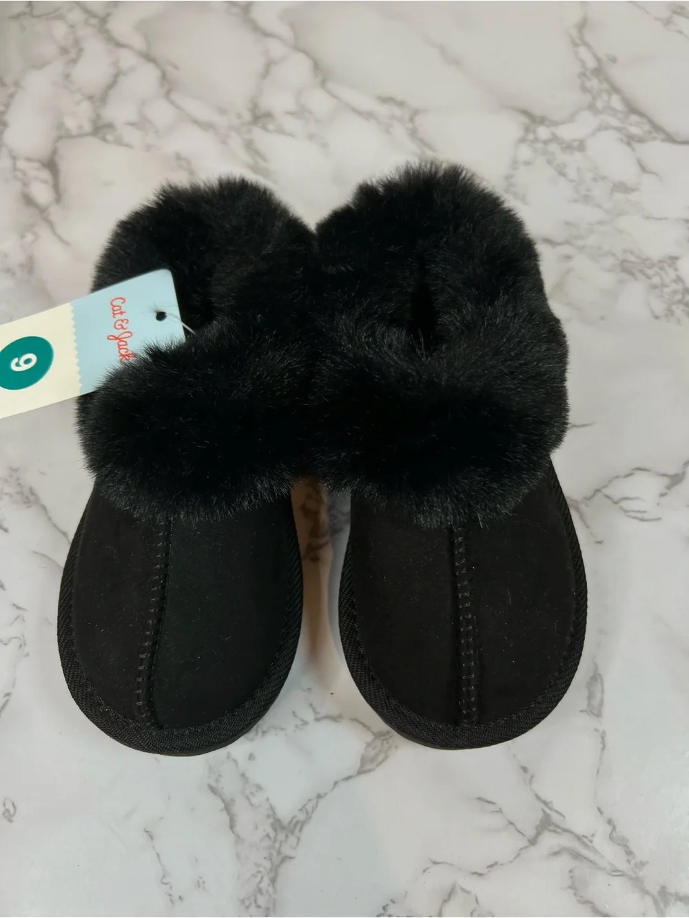 Cat & Jack  Kids Black Faux Fur Slip-On Bootie Slippers Size 9